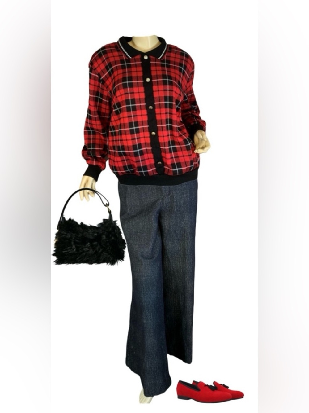 ALFRED DUNNER RED & BLACK PLAID VINTAGE 1980'S SWEATSHIRT/SWEATER (1X)